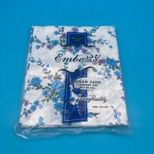 NEW Vintage Embassy Blue Purple Floral Standard Pillow Cases 2 Pack NOS Sealed